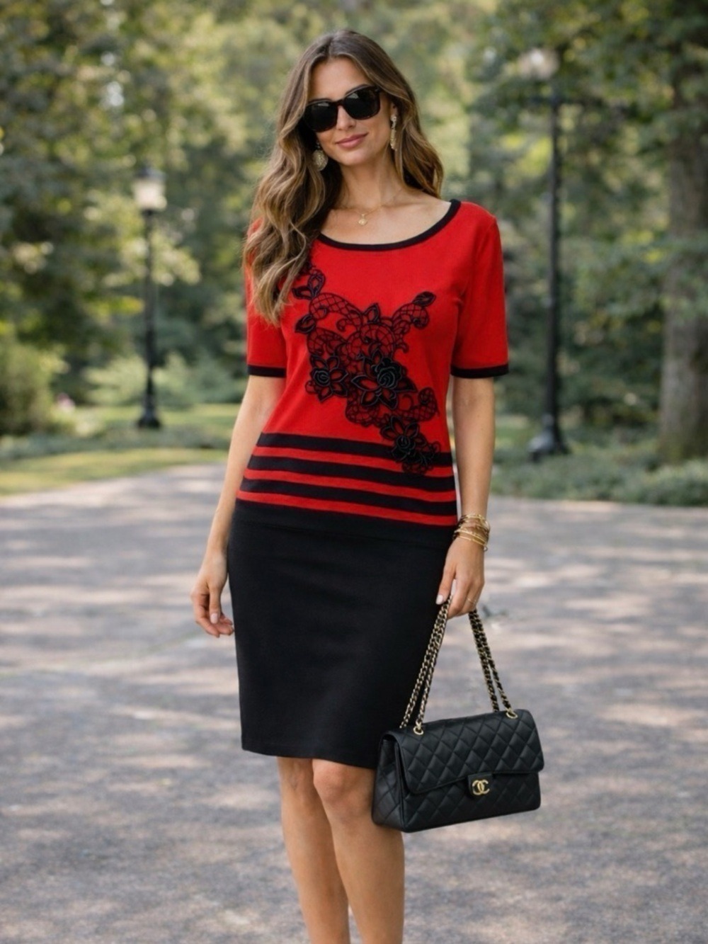 Moffi Red & Black Appliqué Top – Size Large